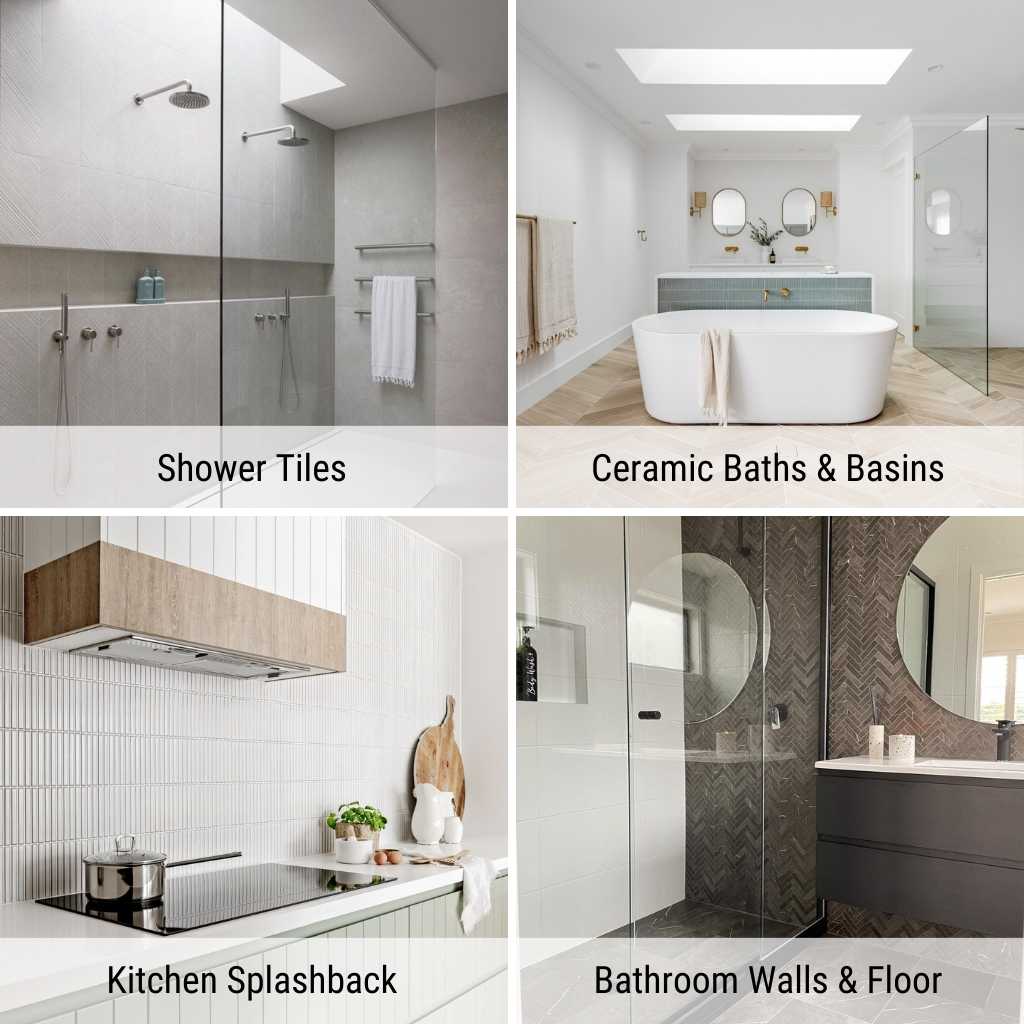 clean shower tiles, basins, white kitchen tiles and tiles in shower