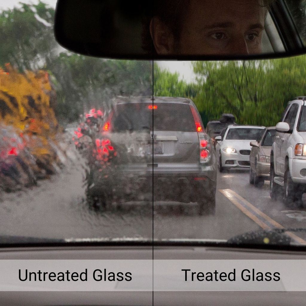Rain repellent showing glass treatment before and after in wet weather driving